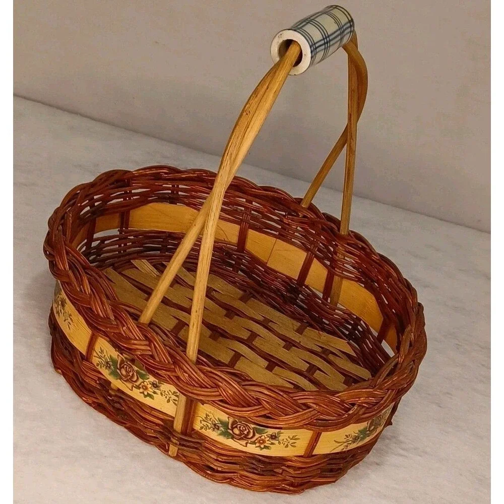 Wicker Woven Basket Porcelain Blue and White Flower Handles 8